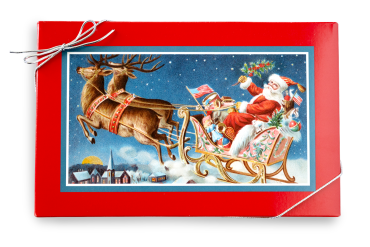 16 ounce 2 choice box featuring Santa in his sleigh